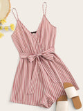 Surplice Striped Self Belted Wrap Romper