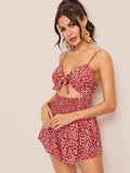 Tie Front Cut Out Shirred Detail Ditsy Floral Romper