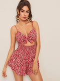 Tie Front Cut Out Shirred Detail Ditsy Floral Romper