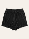 Drawstring Waist Lettuce Trim Pleated Shorts