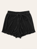 Drawstring Waist Lettuce Trim Pleated Shorts