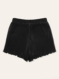 Drawstring Waist Lettuce Trim Pleated Shorts