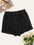 Drawstring Waist Lettuce Trim Pleated Shorts
