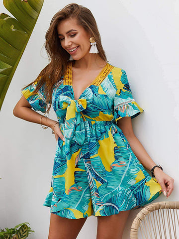 Tropical Print Tie Front Romper