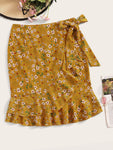 Ditsy Floral Ruffle Hem Knot Wrap Skirt