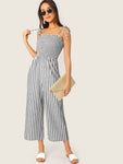 Two Tone Knot Shoulder Frill Smocked Striped Jumpsuit