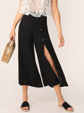 Buttoned High Slit Wide Leg Pants