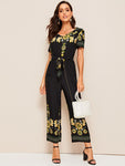 Double V Neck Floral Belted Jumpsuit