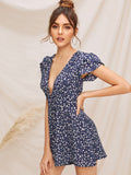 Plunging Neck Ditsy Floral Wrap Romper