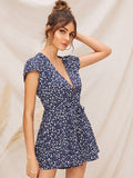 Plunging Neck Ditsy Floral Wrap Romper