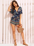 SHEIN Tribal and Botanical Print Wrap Romper