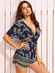 SHEIN Tribal and Botanical Print Wrap Romper