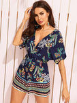 SHEIN Tribal and Botanical Print Wrap Romper