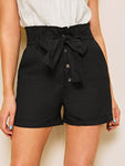 Button Front Belted Paperbag Shorts