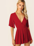 Deep V Neck Flutter Sleeve Belted Romper