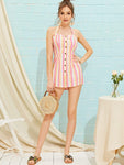 Buttoned Shirred Back Striped Halter Romper