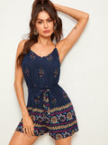 Tribal Print Belted Cami Romper