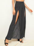 Polka-dot Print Split Thigh Wide Leg Pants