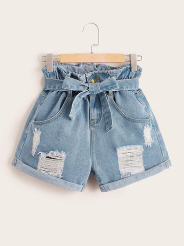 Ripped Rolled Hem Denim Shorts