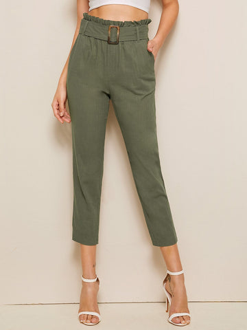 Paperbag Waist Buckle Belted Cigarette Pants