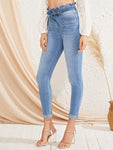 Paperbag Waist Bleach Wash Skinny Jeans