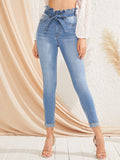 Paperbag Waist Bleach Wash Skinny Jeans