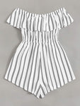 Off Shoulder Flounce Trim Striped Romper