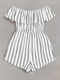 Off Shoulder Flounce Trim Striped Romper