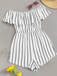 Off Shoulder Flounce Trim Striped Romper