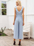 Simplee Button Front Ruffle Trim Belted Tank Jumpsuit