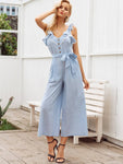 Simplee Button Front Ruffle Trim Belted Tank Jumpsuit