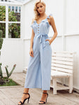 Simplee Button Front Ruffle Trim Belted Tank Jumpsuit