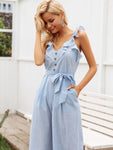 Simplee Button Front Ruffle Trim Belted Tank Jumpsuit