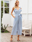 Simplee Button Front Ruffle Trim Belted Tank Jumpsuit