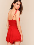 Knot Shoulder Peekaboo Tie Front Shirred Back Romper