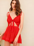 Knot Shoulder Peekaboo Tie Front Shirred Back Romper