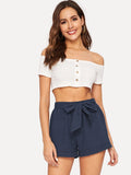 Elastic Waist Cuffed Shorts With Belt