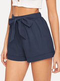 Elastic Waist Cuffed Shorts With Belt