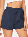 Elastic Waist Cuffed Shorts With Belt