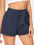 Elastic Waist Cuffed Shorts With Belt