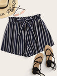 High Waist Bow Decor Striped Paperbag Shorts