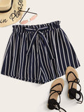 High Waist Bow Decor Striped Paperbag Shorts