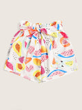 Fruit Print Paper Bag Belted Shorts