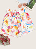 Fruit Print Paper Bag Belted Shorts