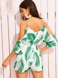 Cold Shoulder Knot Front Tropical Print Romper