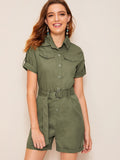 Rolled Trim Belted Utility Romper