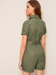 Rolled Trim Belted Utility Romper