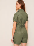 Rolled Trim Belted Utility Romper