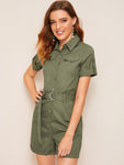 Rolled Trim Belted Utility Romper