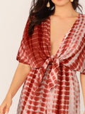 Plunging Neck Knot Front Tie Dye Romper